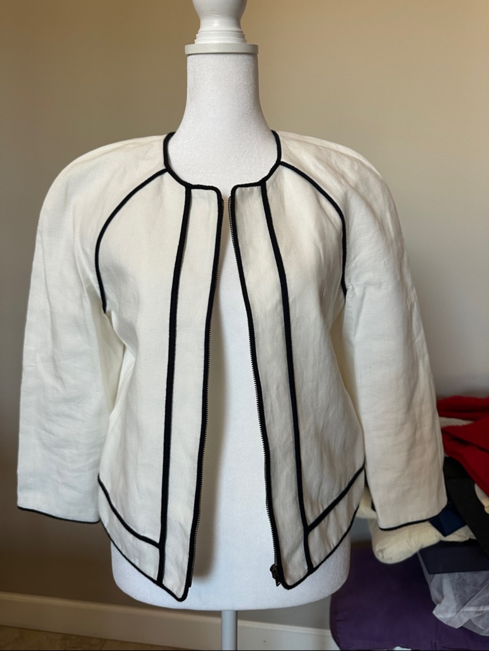 J. Crew White Jacket Linen with Black Contrast Trim Size 0 NWT